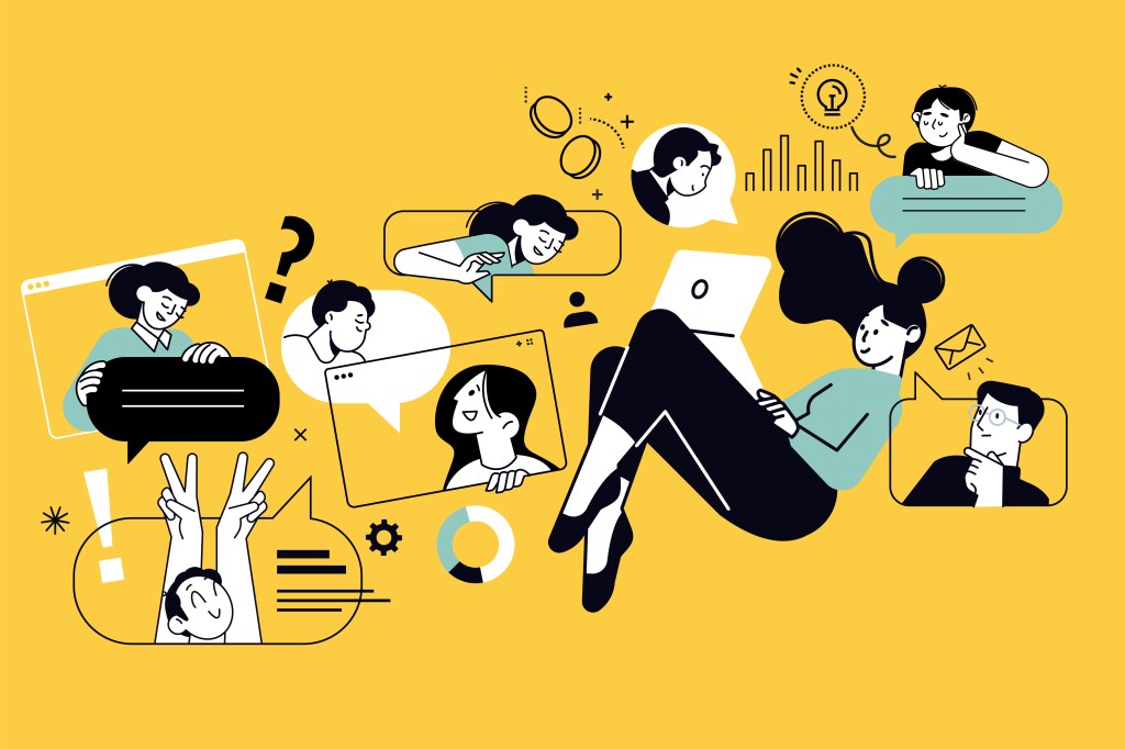 Illustration of people collaborating online with laptops, chats, and video calls, representing Springboard Inc.’s digital marketing services in Winnipeg, Manitoba.